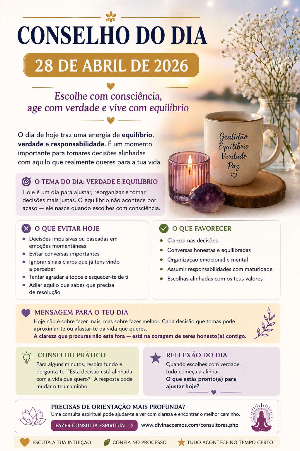Conselho do Dia 28/04/2026: Escolhe com Consciência e Vive com Equilíbrio
